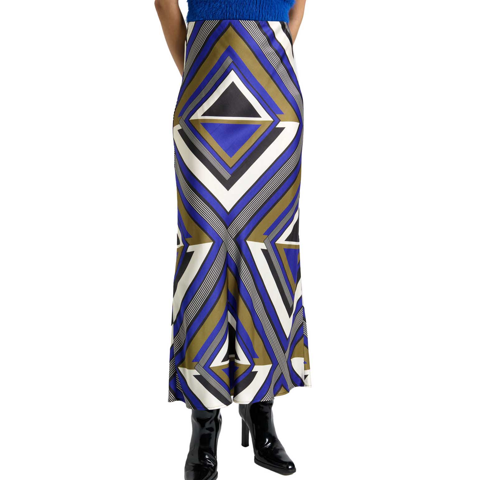 Cue Cobalt Tile Bias Midi Skirt